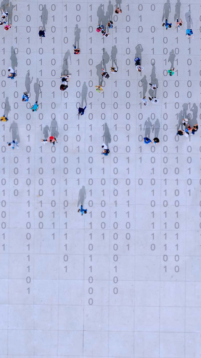 Abstract image of people walking with binary code beneath them